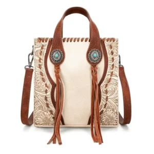 Woman wearing a stylish western crossbody bag.